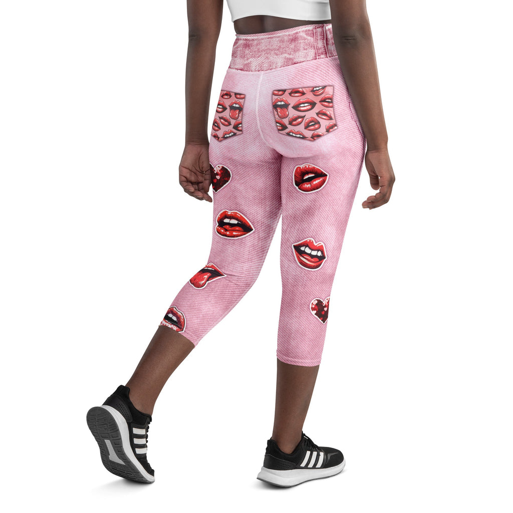 Valentine Lips Denim Print Yoga Capris