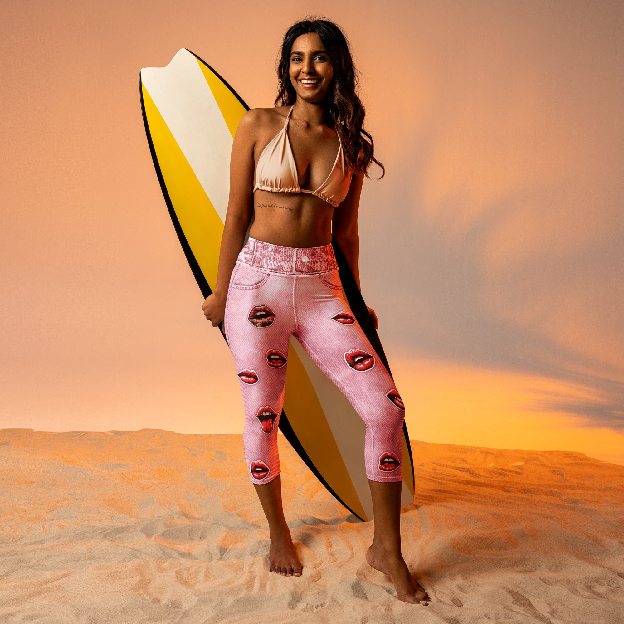 Valentine Lips Denim Print Yoga Capris