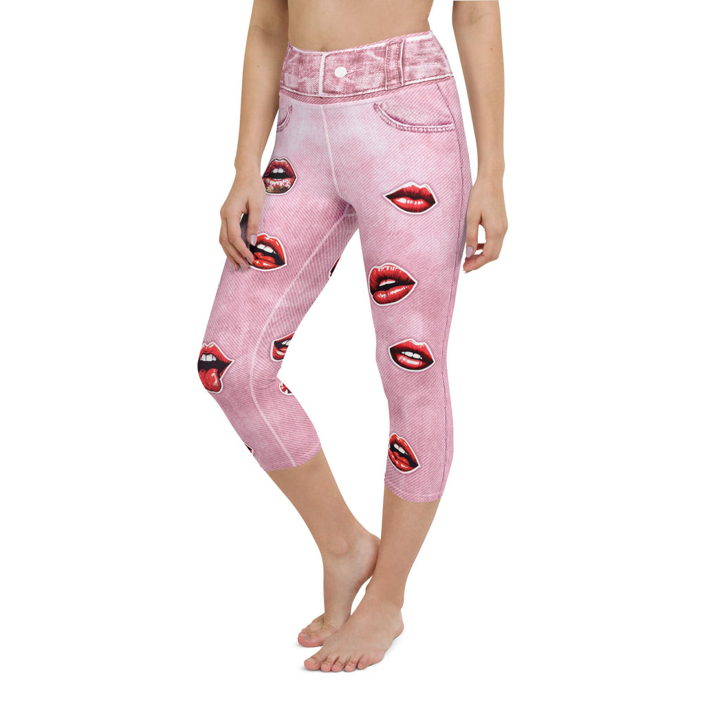 Valentine Lips Denim Print Yoga Capris