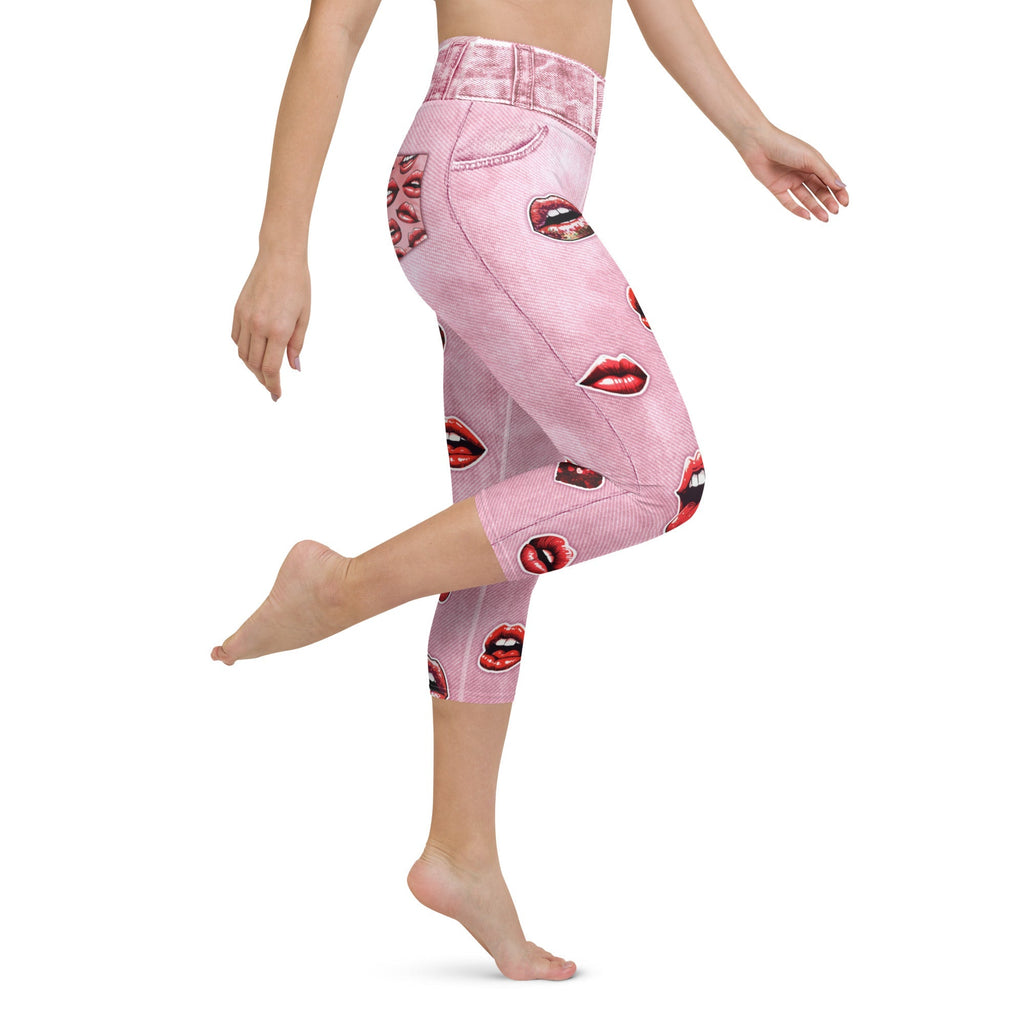 Valentine Lips Denim Print Yoga Capris
