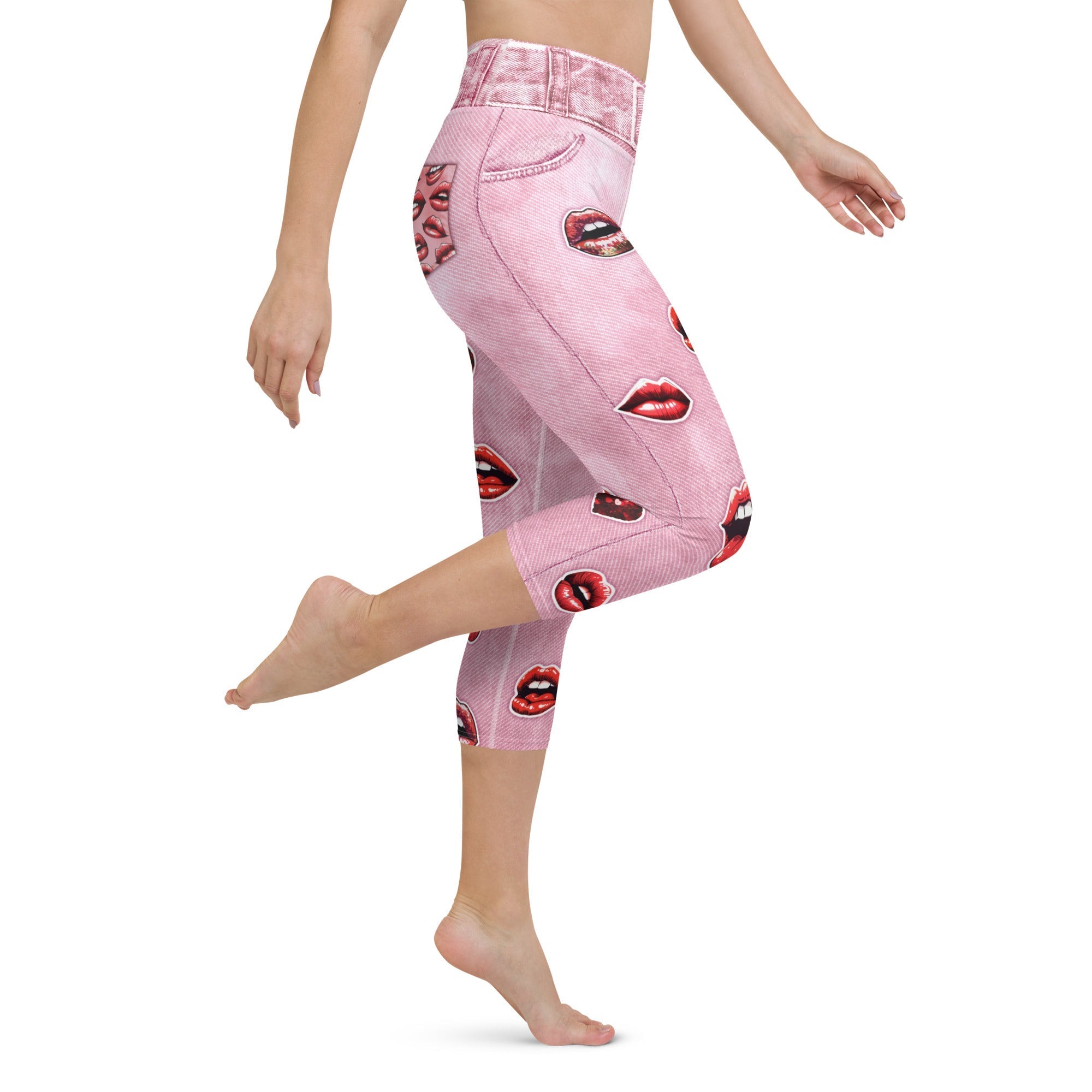 Valentine Lips Denim Print Yoga Capris