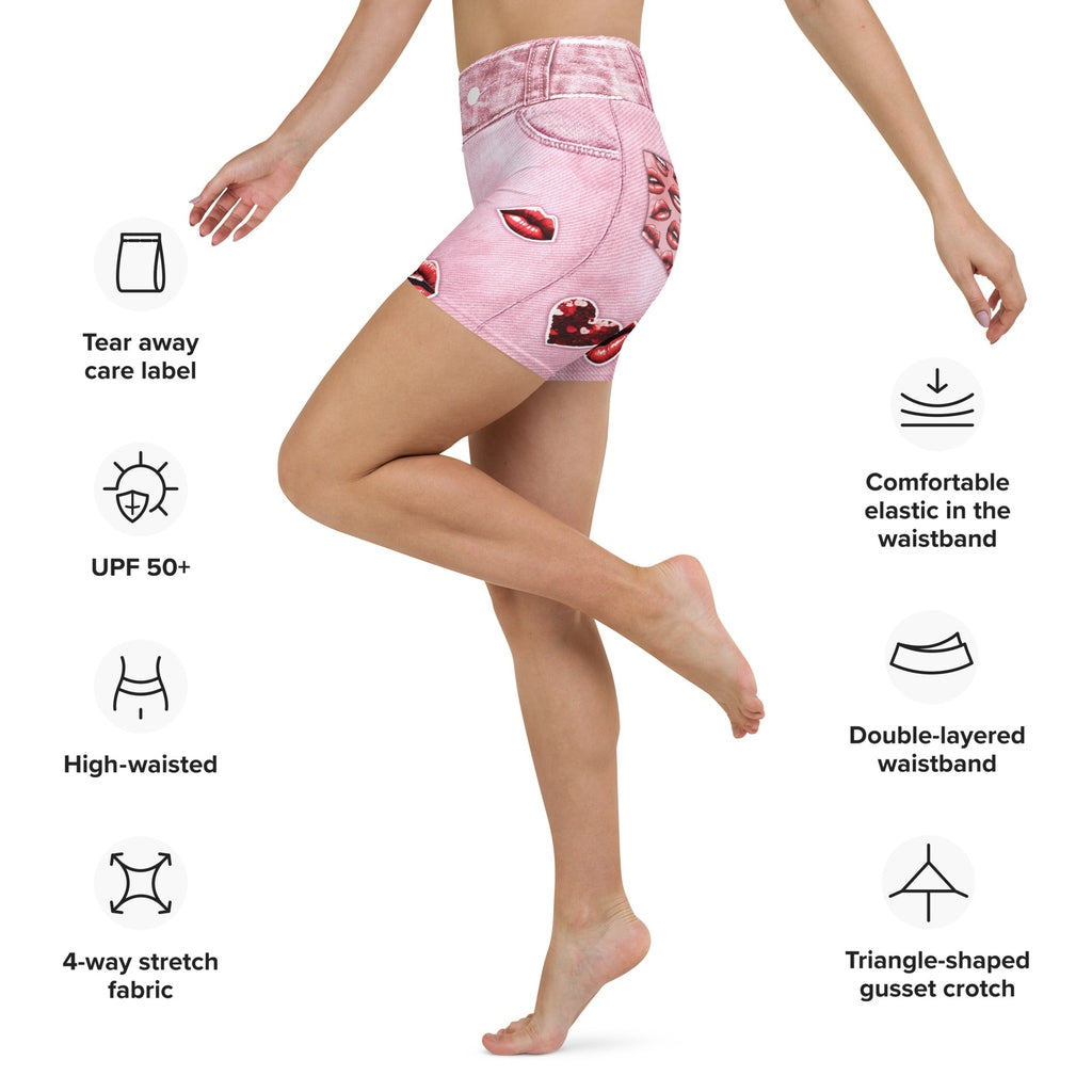 Valentine Lips Denim Print Yoga Shorts