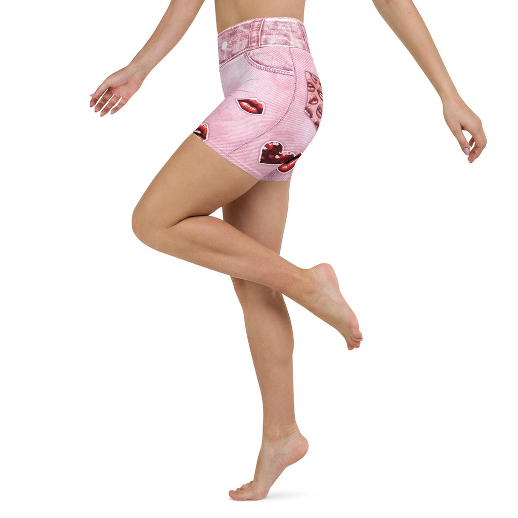 Valentine Lips Denim Print Yoga Shorts