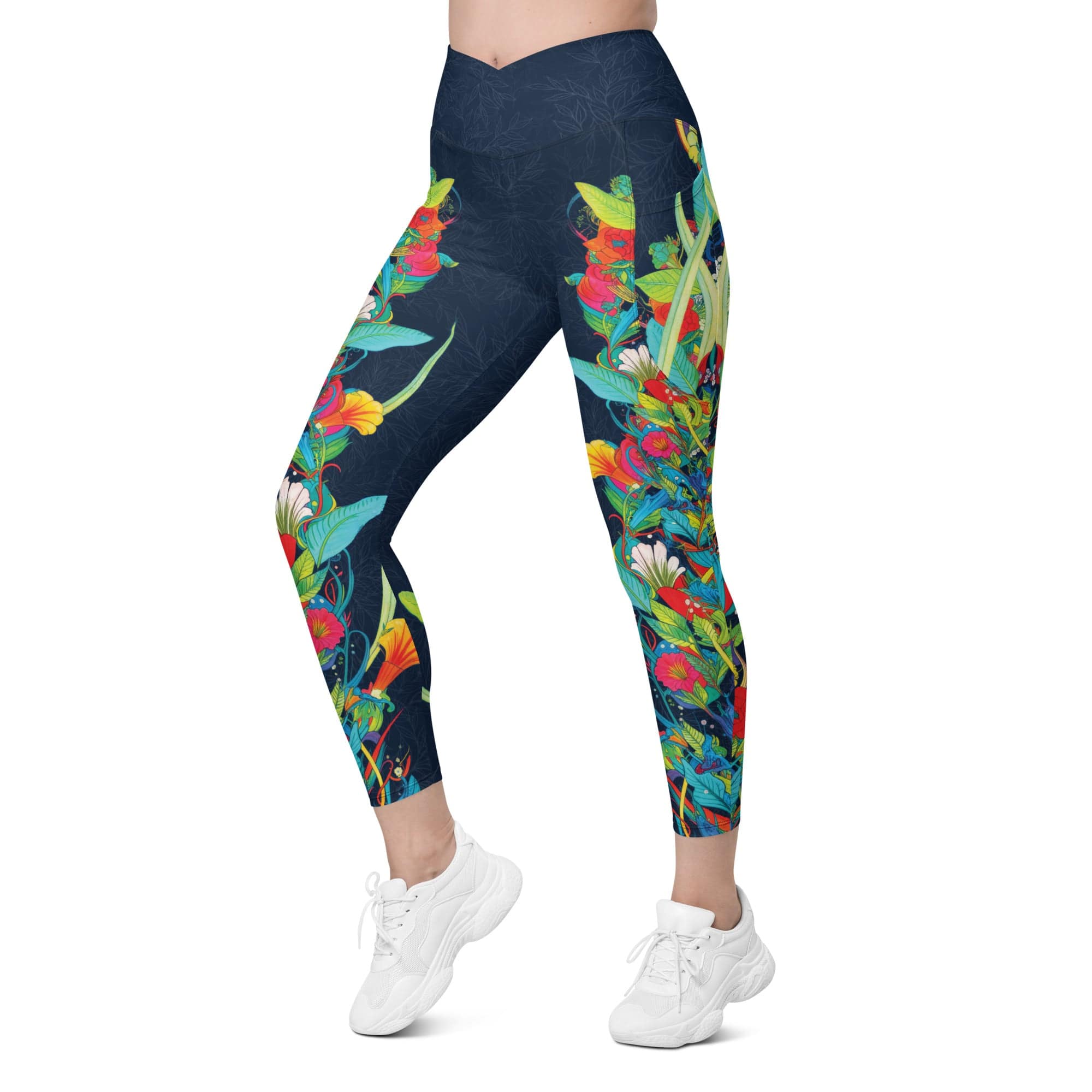 Vibrant Floral Garden Crossover Leggings With Pockets