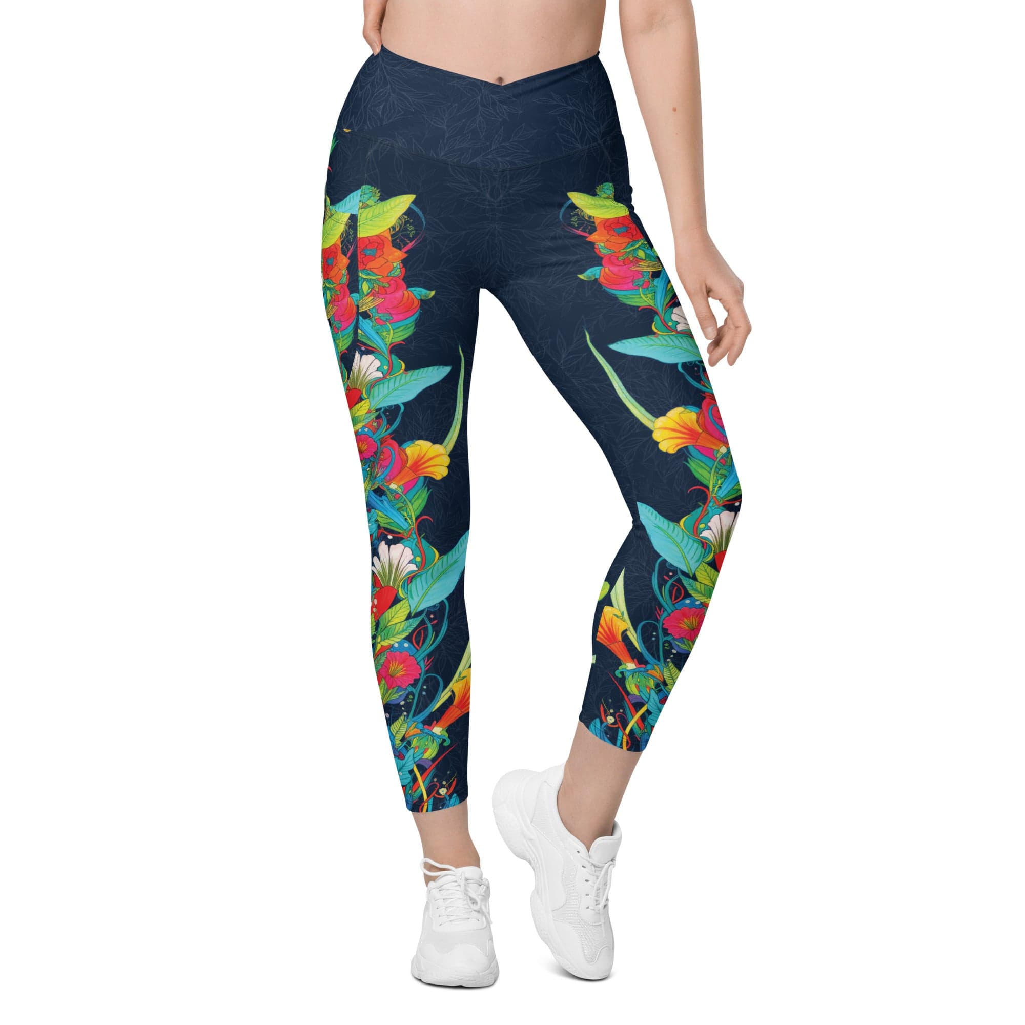 Vibrant Floral Garden Crossover Leggings With Pockets