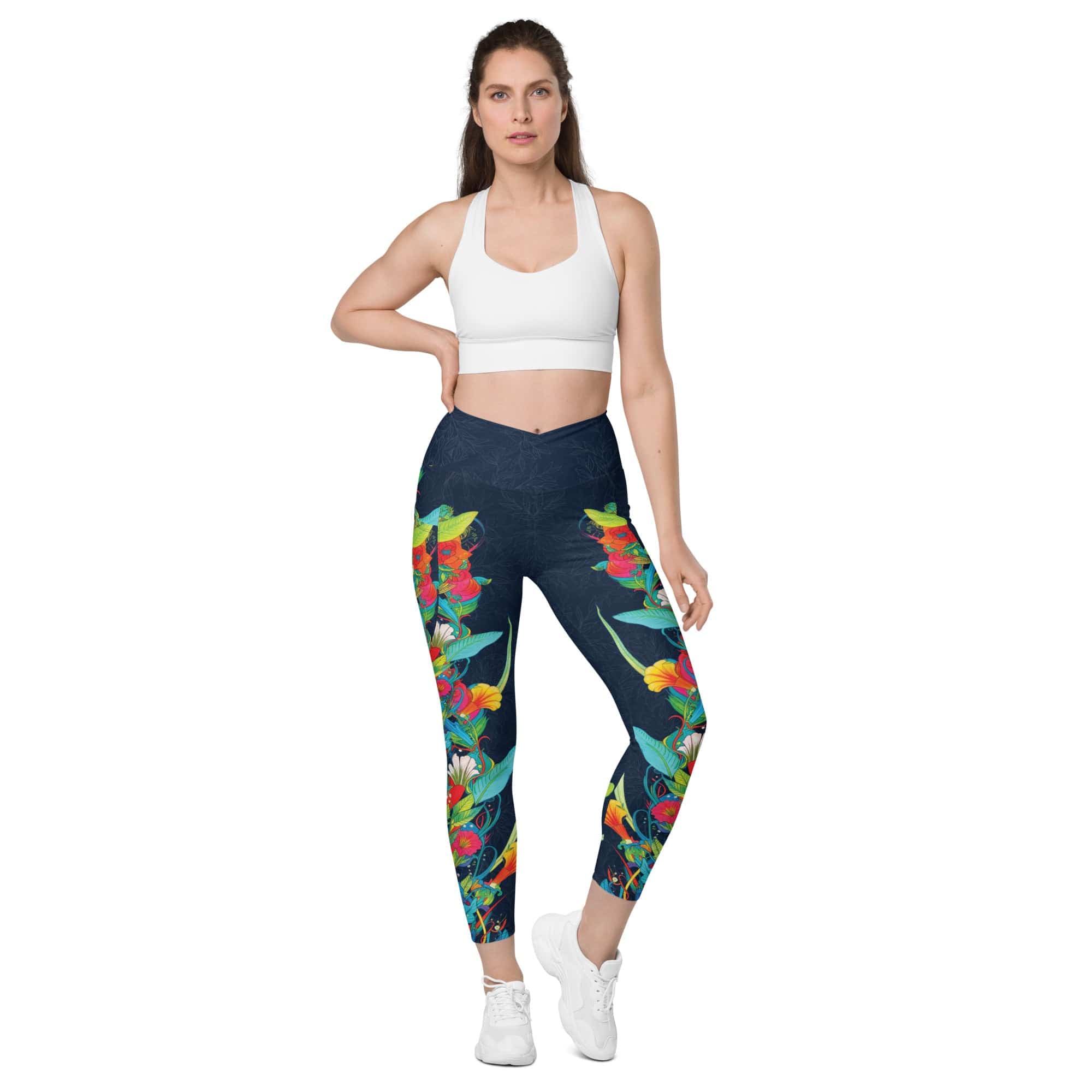 Vibrant Floral Garden Crossover Leggings With Pockets