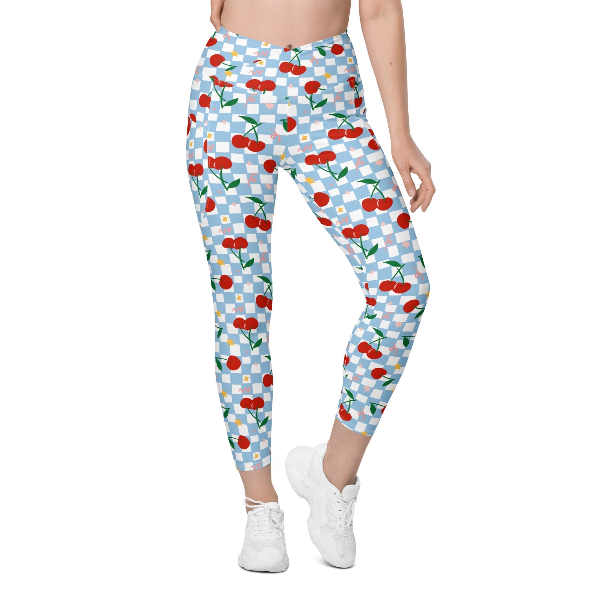 Vintage Cherry Checkered Crossover Leggings With Pockets