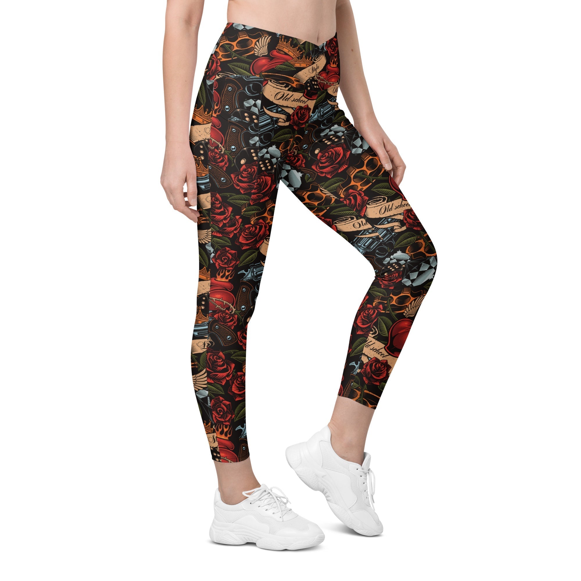 Vintage Tattoos Crossover Leggings With Pockets