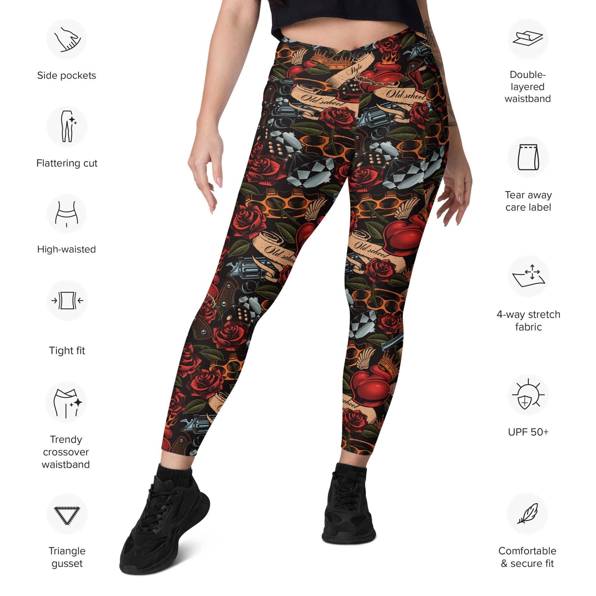 Vintage Tattoos Crossover Leggings With Pockets