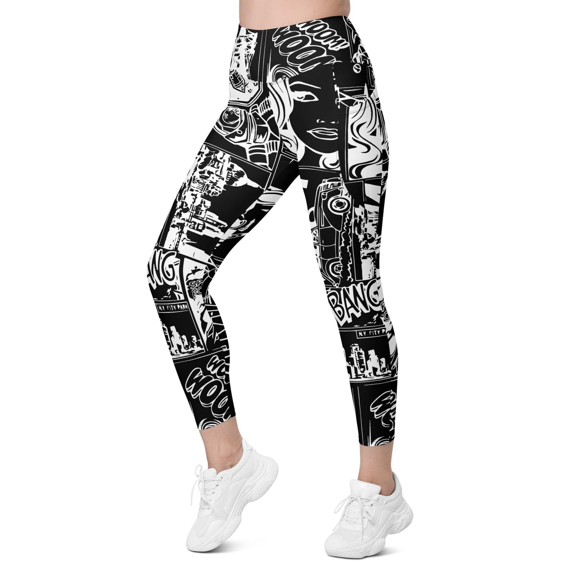 White & Black Comic Book Leggings With Pockets