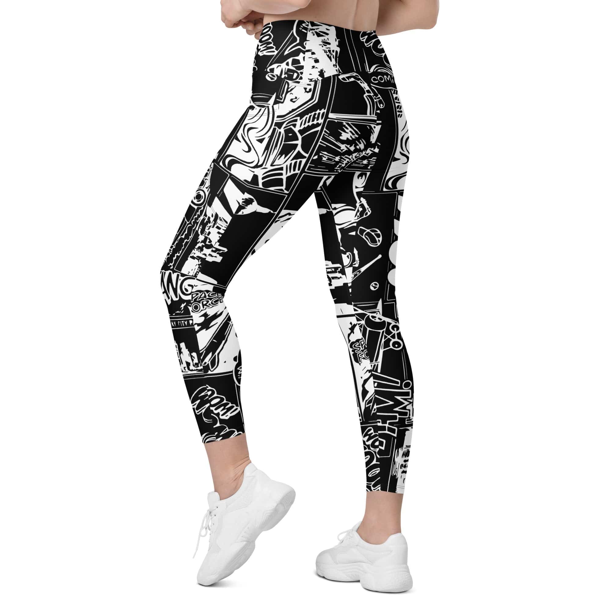 White & Black Comic Book Leggings With Pockets