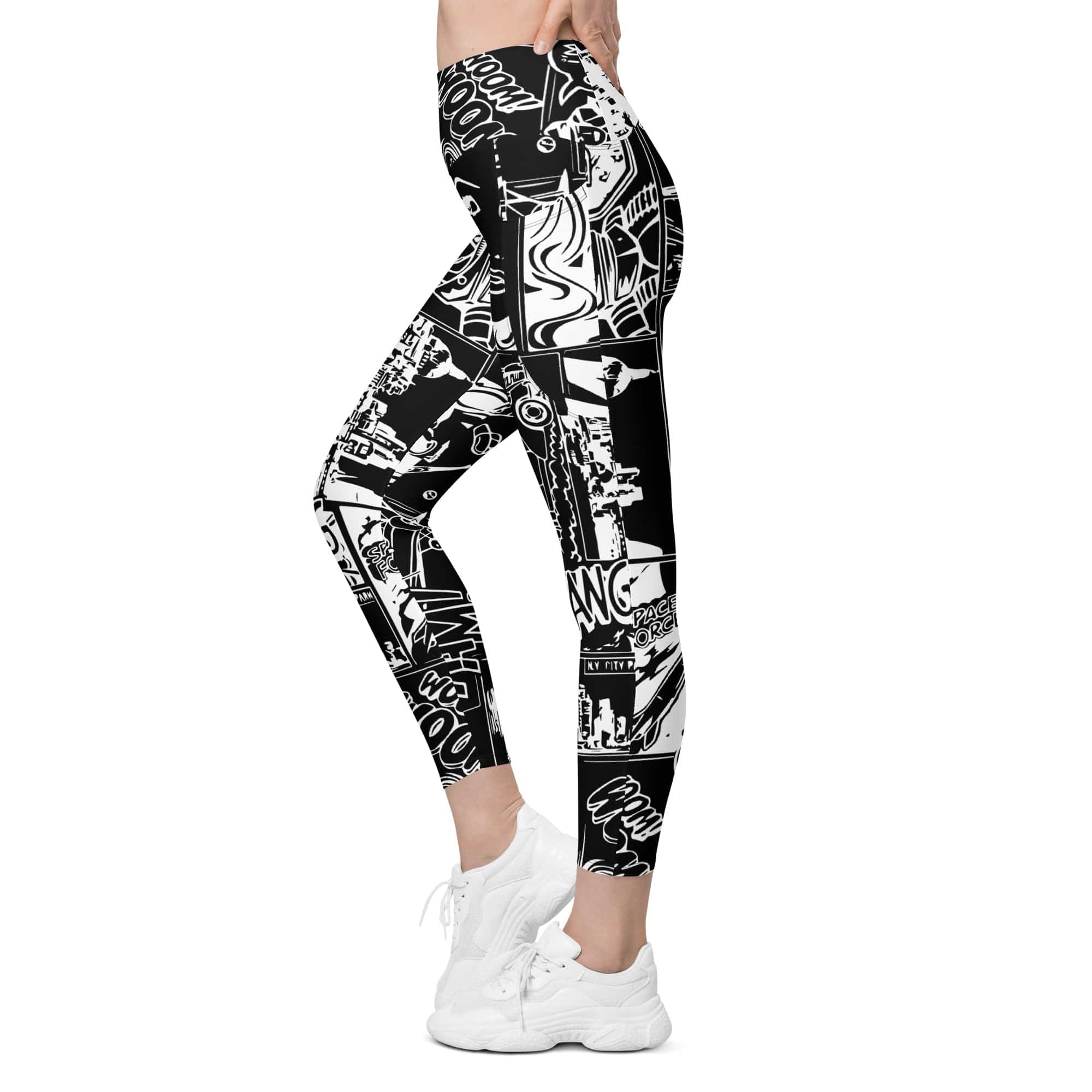 White & Black Comic Book Leggings With Pockets