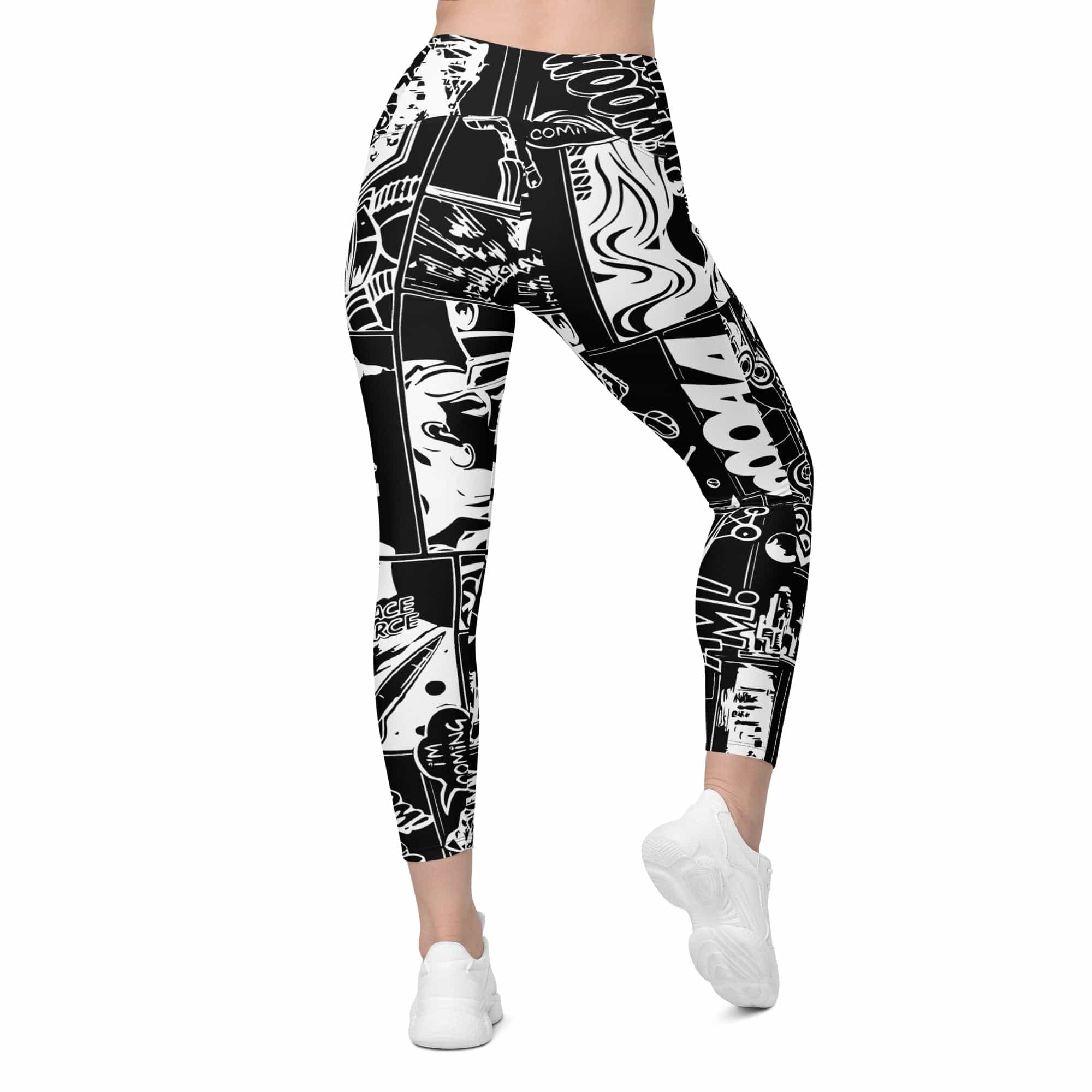 White & Black Comic Book Leggings With Pockets