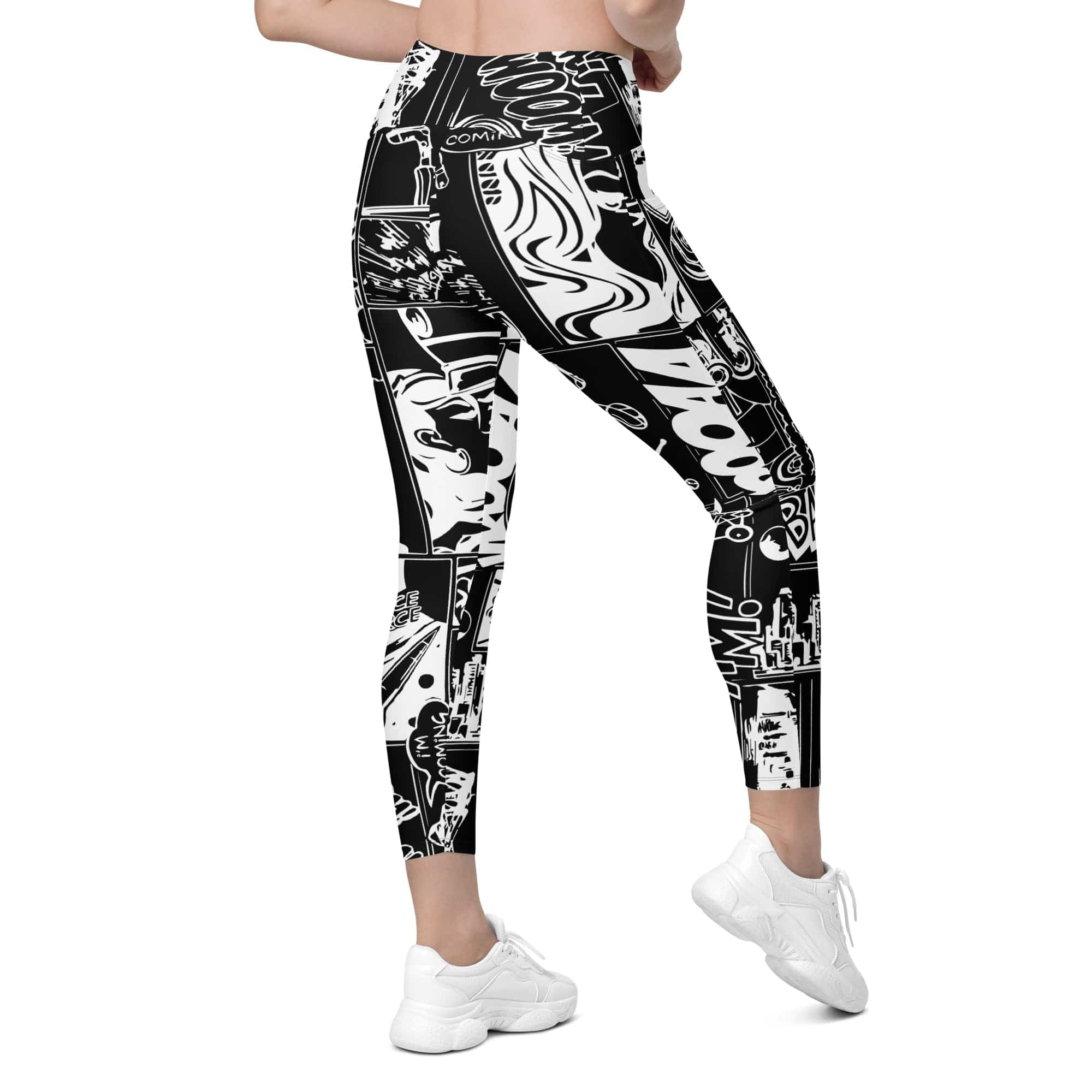 White & Black Comic Book Leggings With Pockets