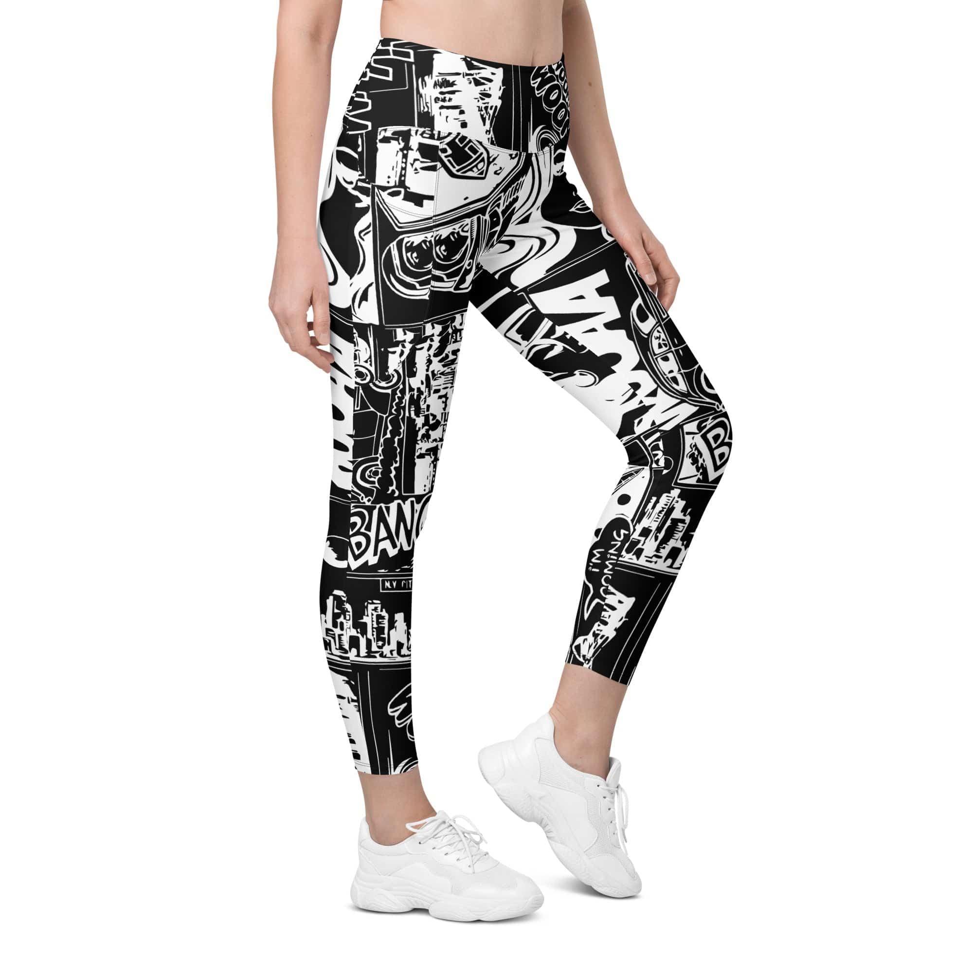 White & Black Comic Book Leggings With Pockets