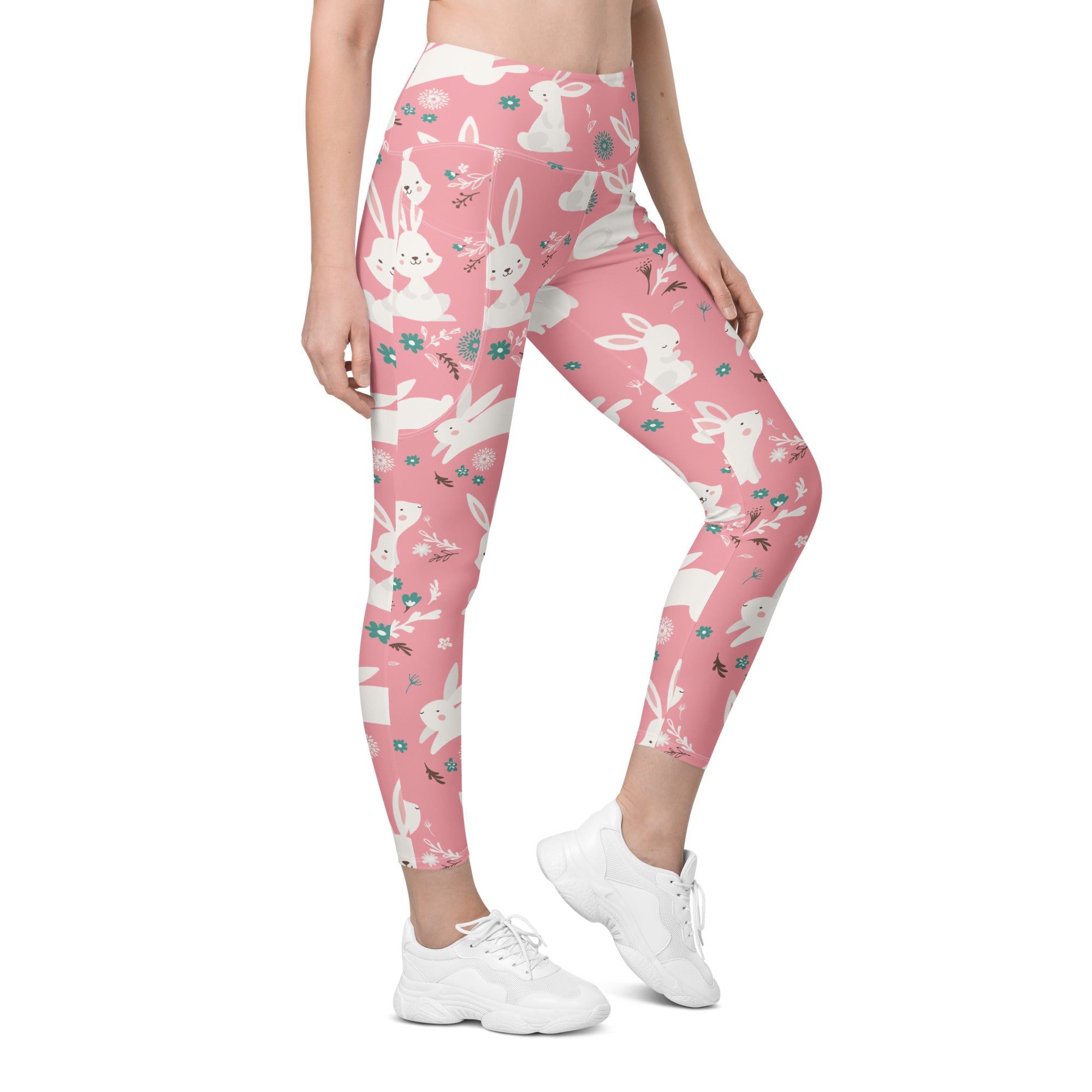 White Easter Bunnies Leggings With Pockets