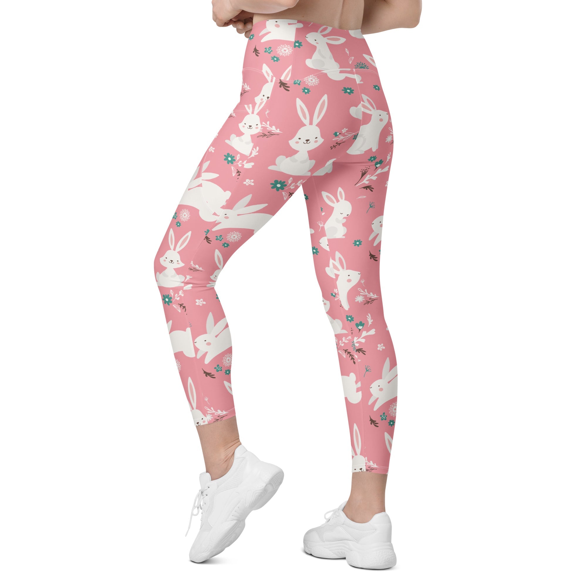 White Easter Bunnies Leggings With Pockets