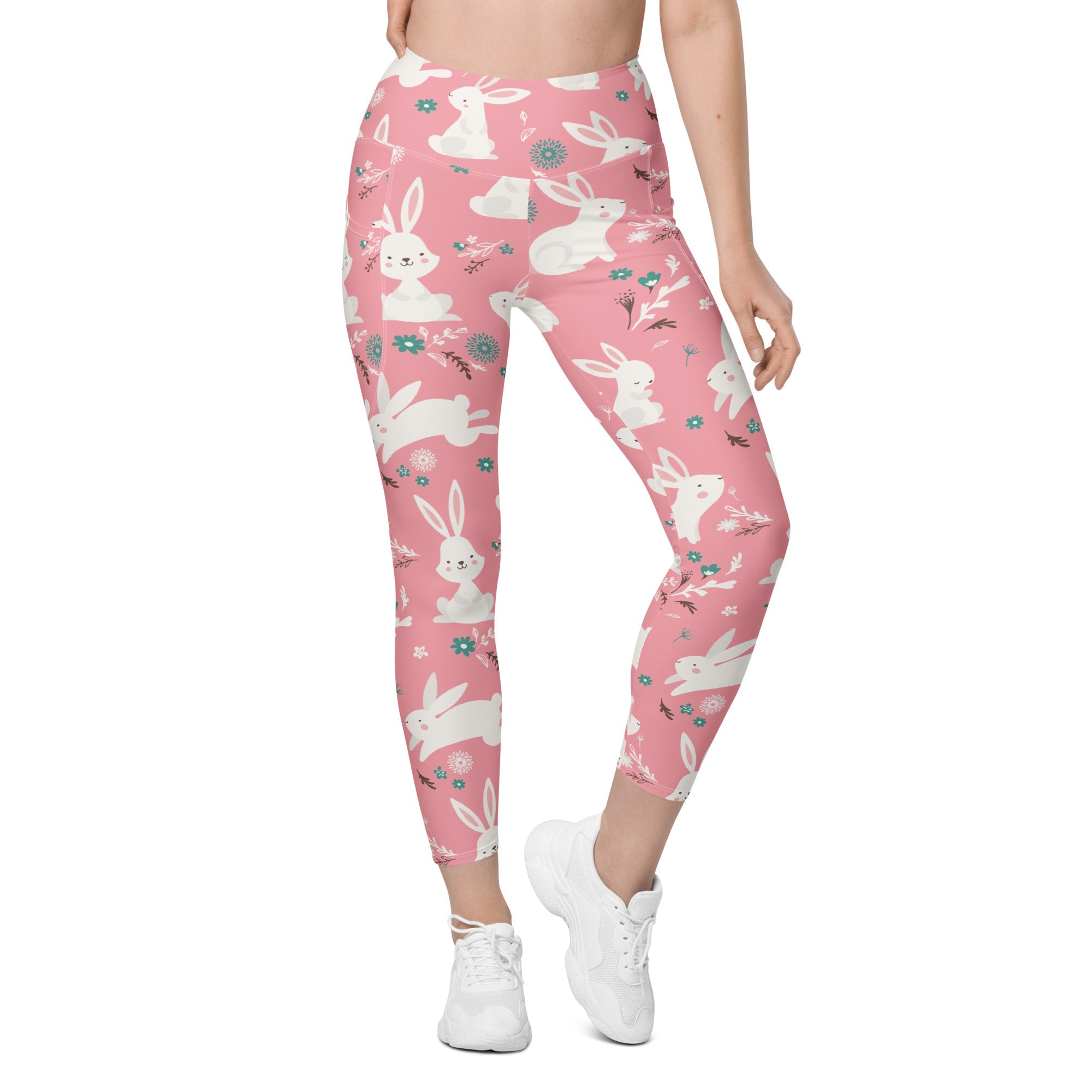 White Easter Bunnies Leggings With Pockets
