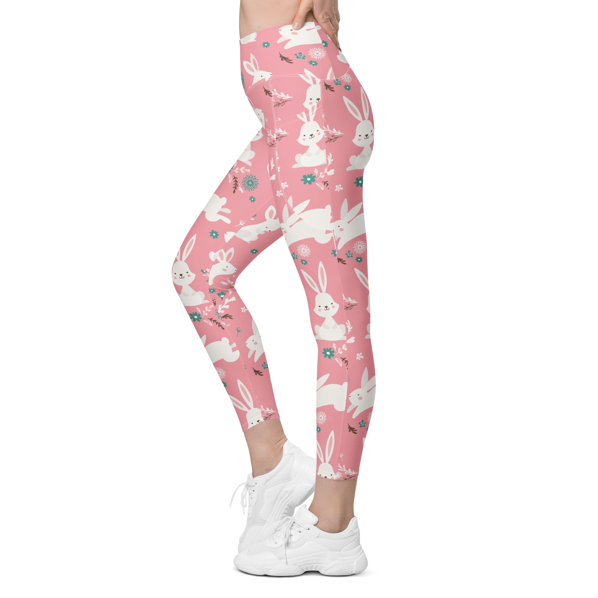 White Easter Bunnies Leggings With Pockets
