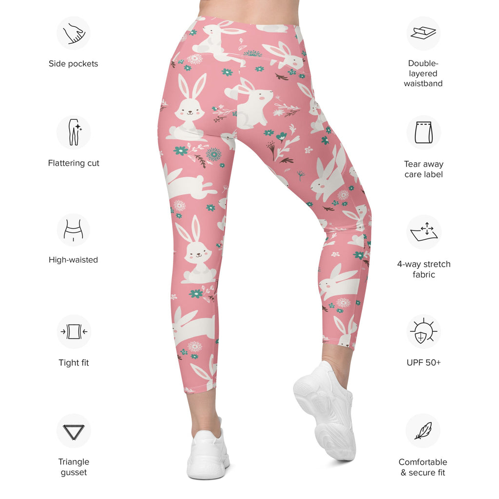 White Easter Bunnies Leggings With Pockets