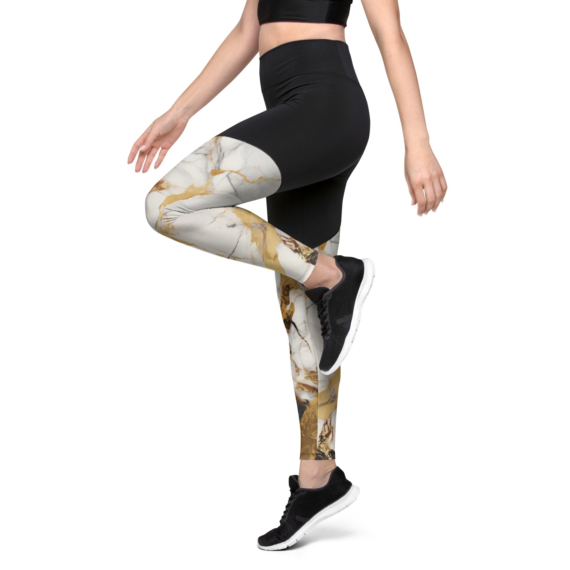 White & Gold Marble Compression Leggings