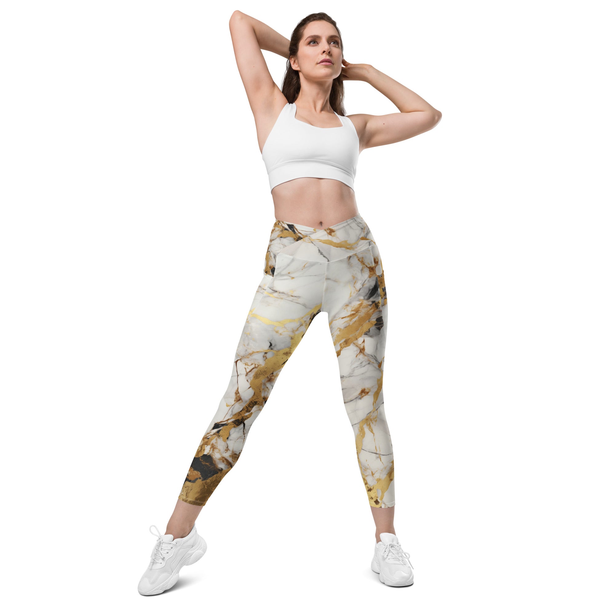 White & Gold Marble Crossover Leggings With Pockets