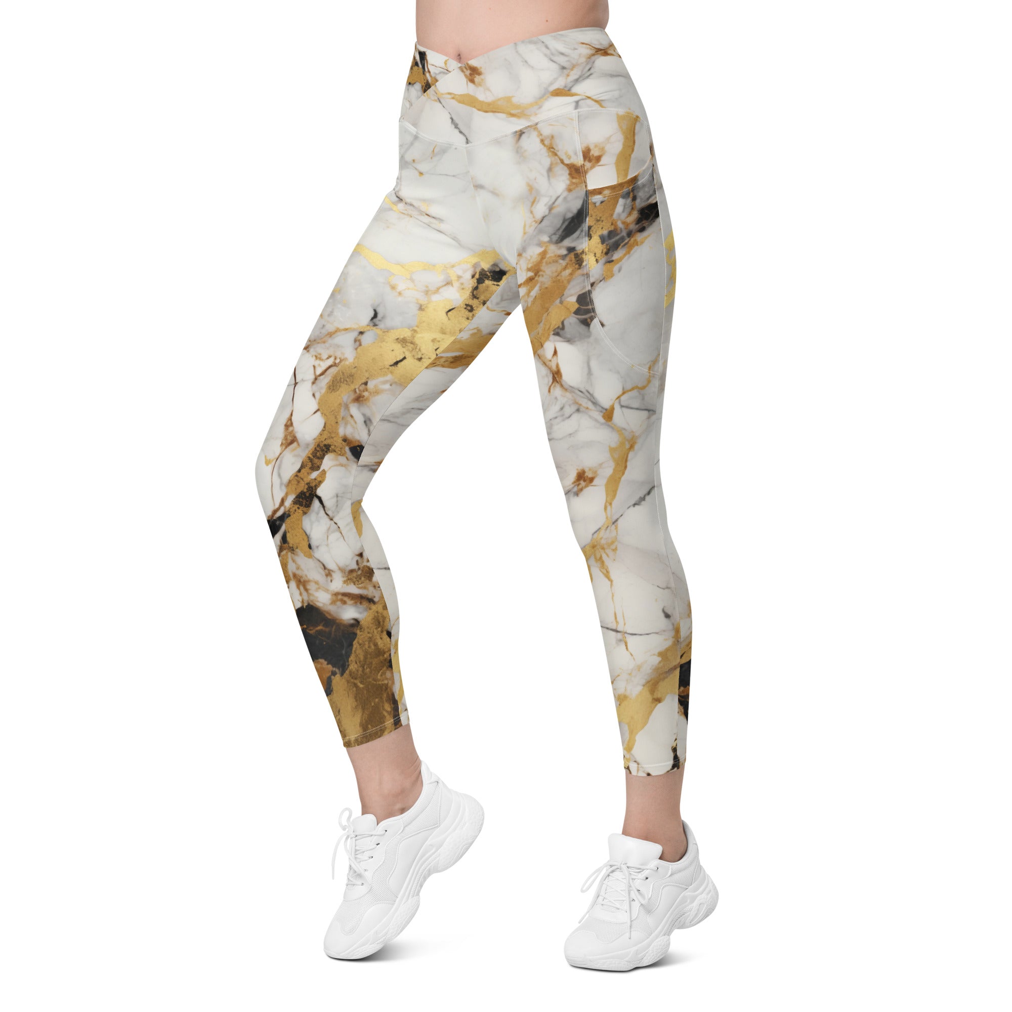 White & Gold Marble Crossover Leggings With Pockets