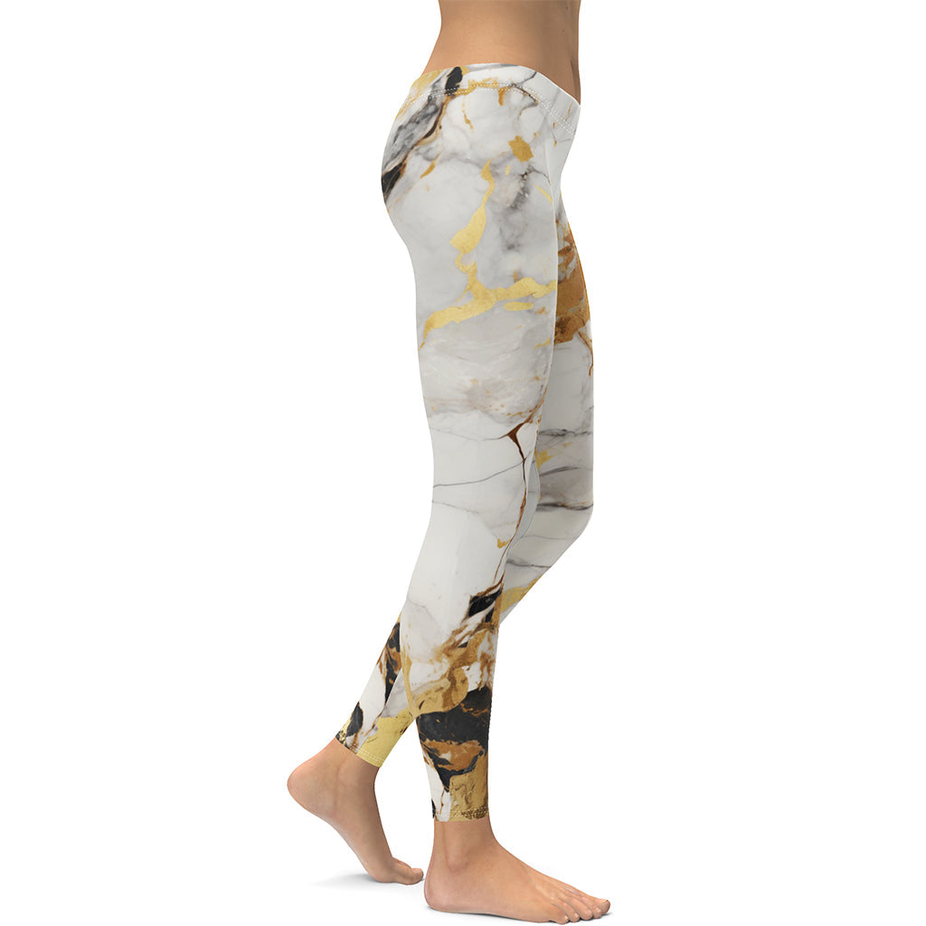 White & Gold Marble Leggings