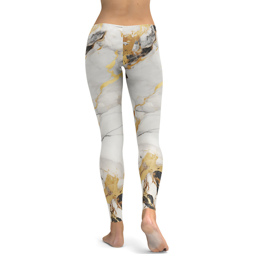 White & Gold Marble Leggings