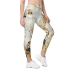 White & Gold Marble Leggings With Pockets