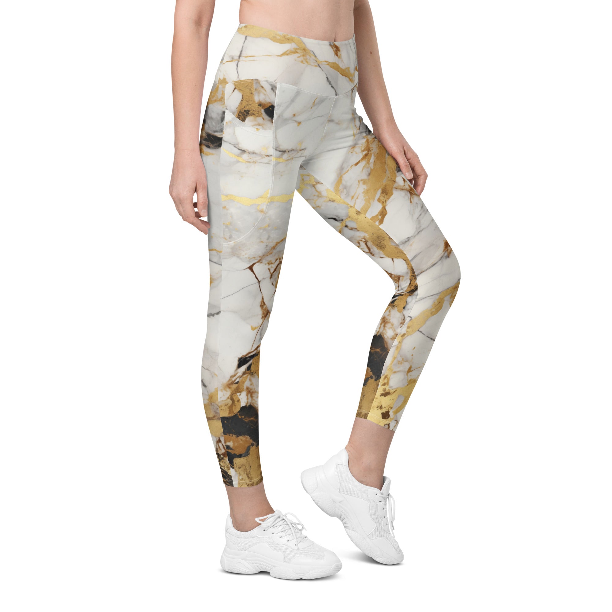 White & Gold Marble Leggings With Pockets