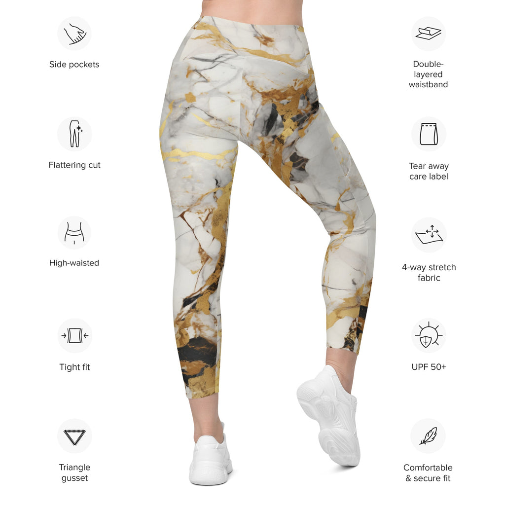 White & Gold Marble Leggings With Pockets
