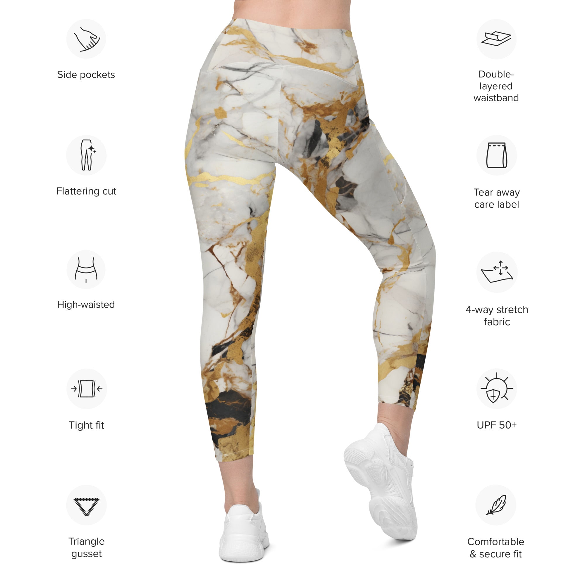 White & Gold Marble Leggings With Pockets