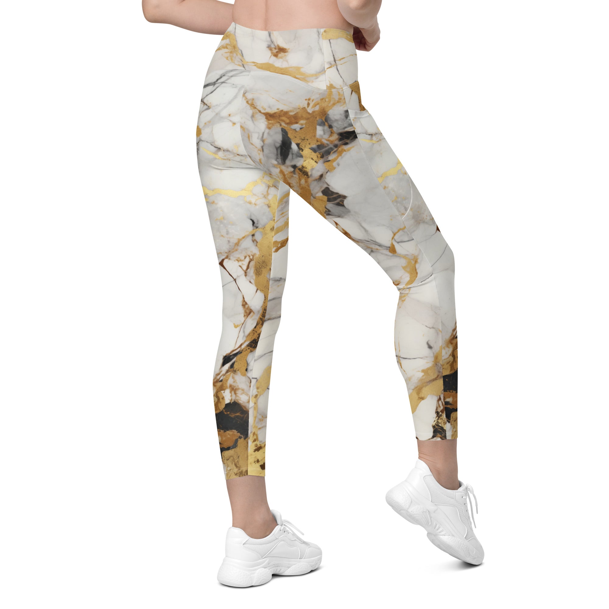 White & Gold Marble Leggings With Pockets