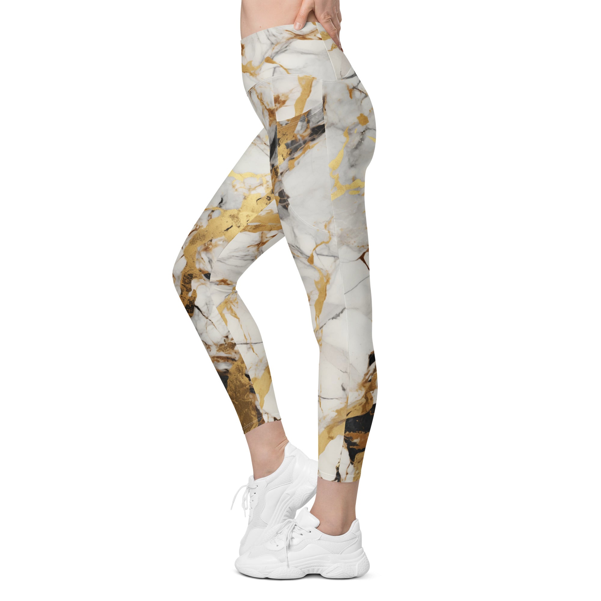White & Gold Marble Leggings With Pockets