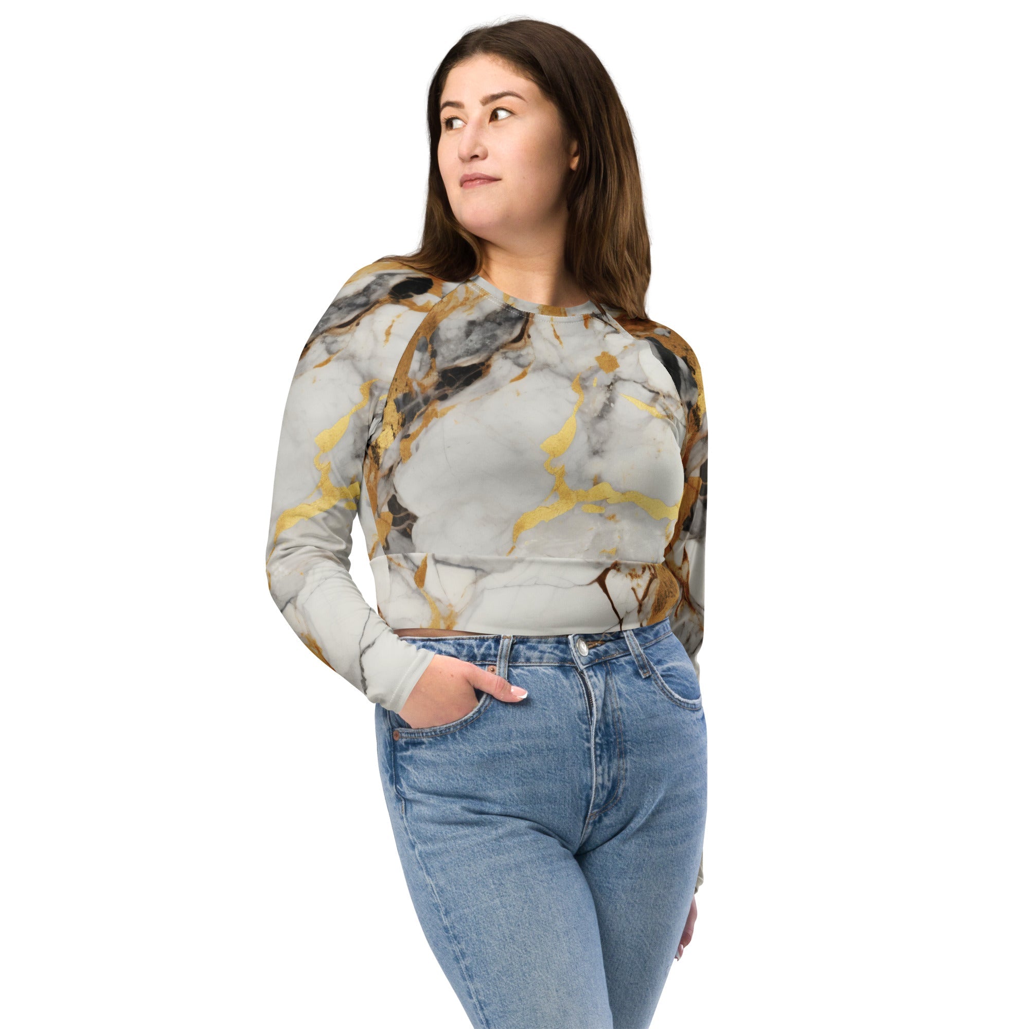 White & Gold Marble Recycled Long-sleeve Crop Top