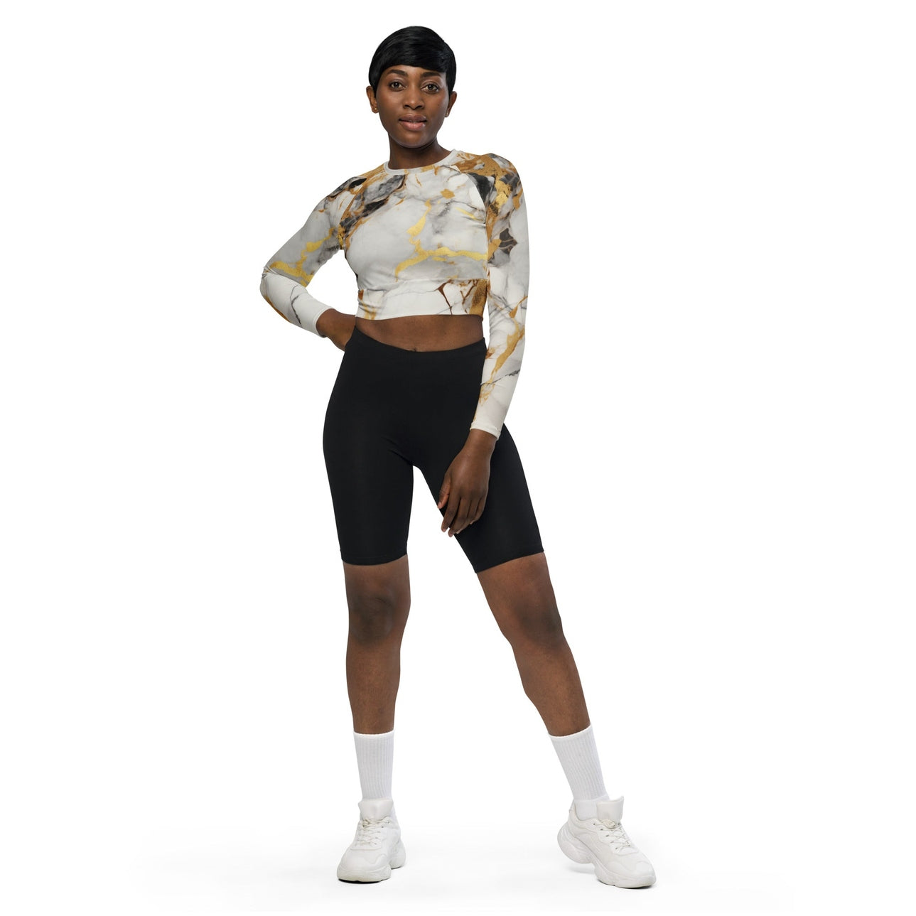 White & Gold Marble Recycled Long-sleeve Crop Top