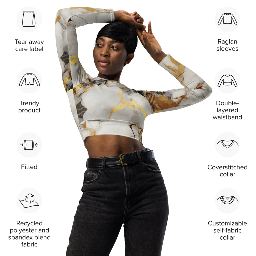 White & Gold Marble Recycled Long-sleeve Crop Top