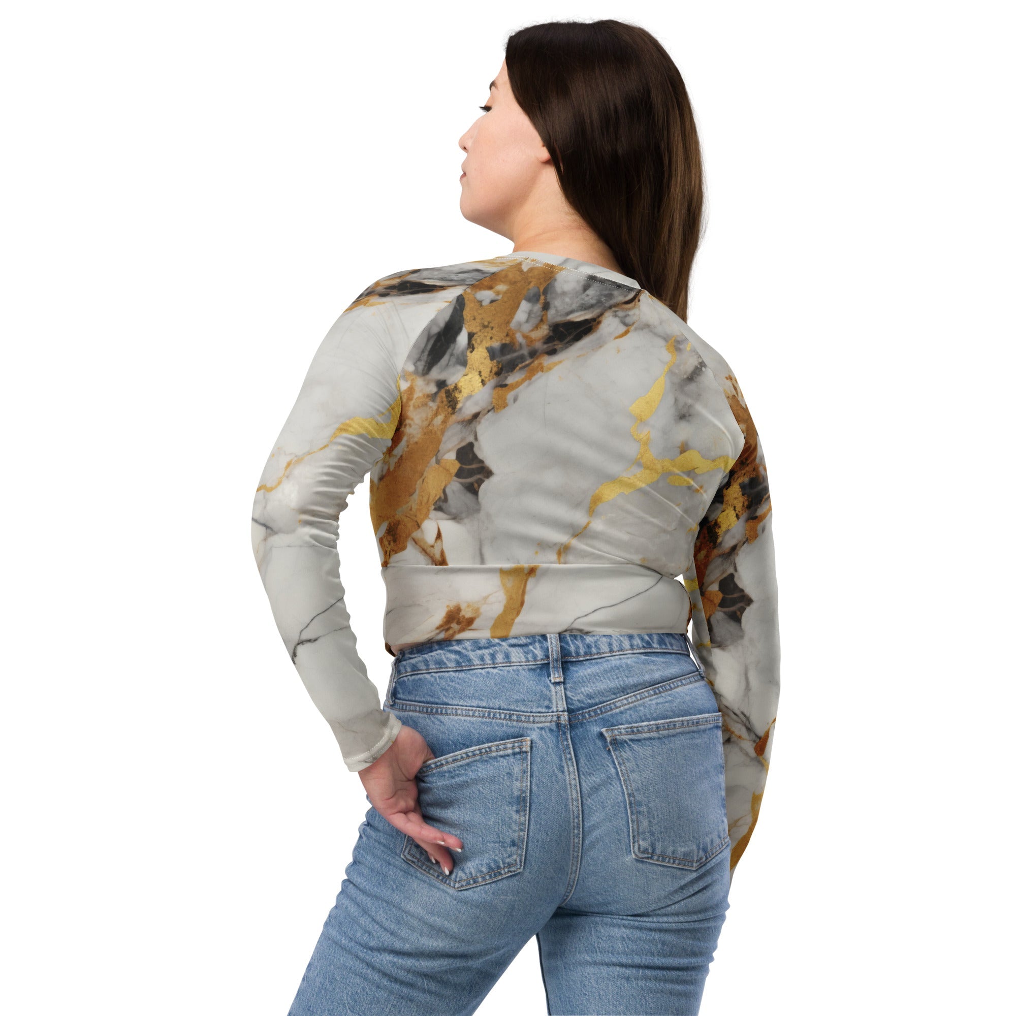 White & Gold Marble Recycled Long-sleeve Crop Top