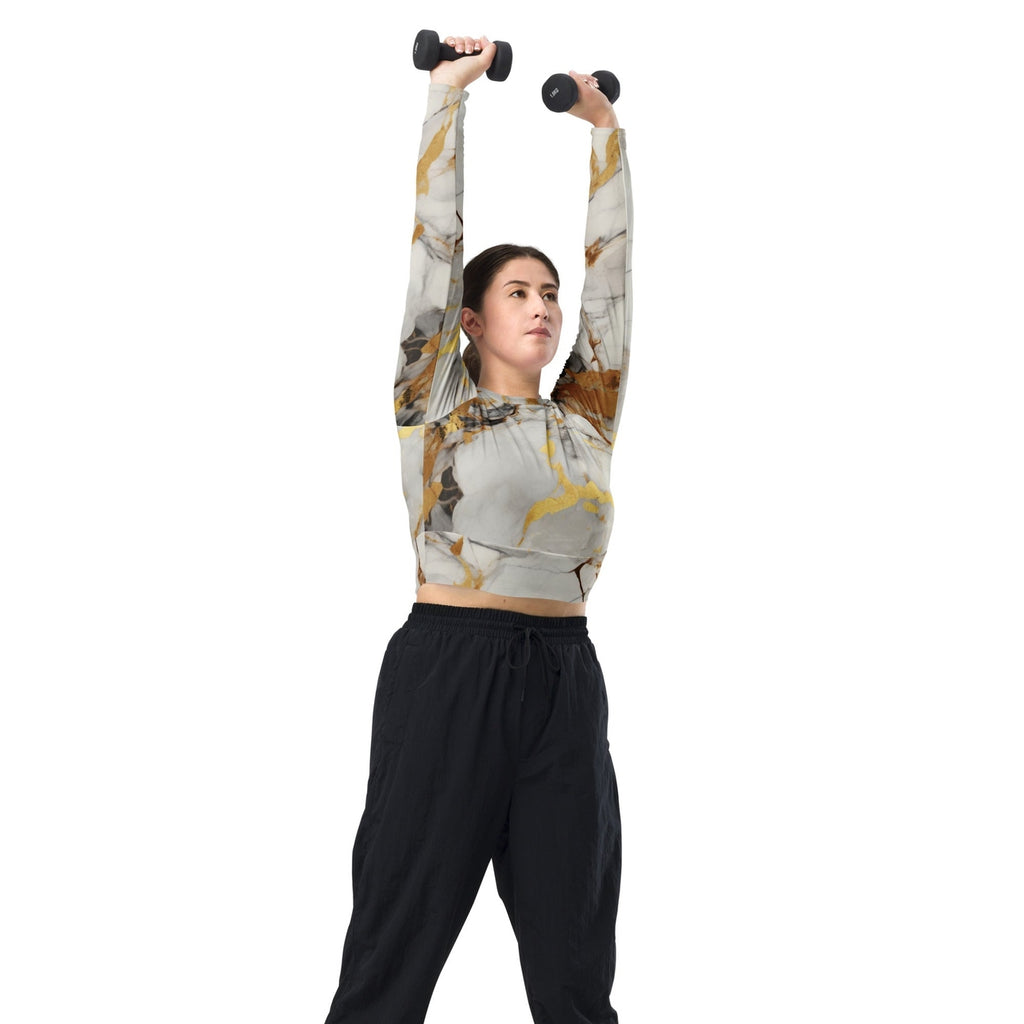 White & Gold Marble Recycled Long-sleeve Crop Top