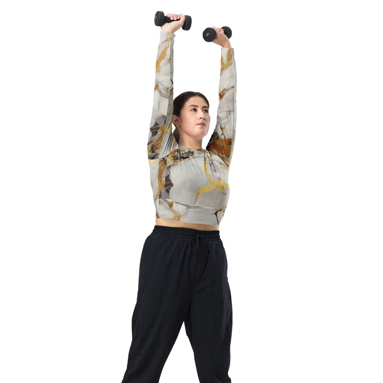 White & Gold Marble Recycled Long-sleeve Crop Top