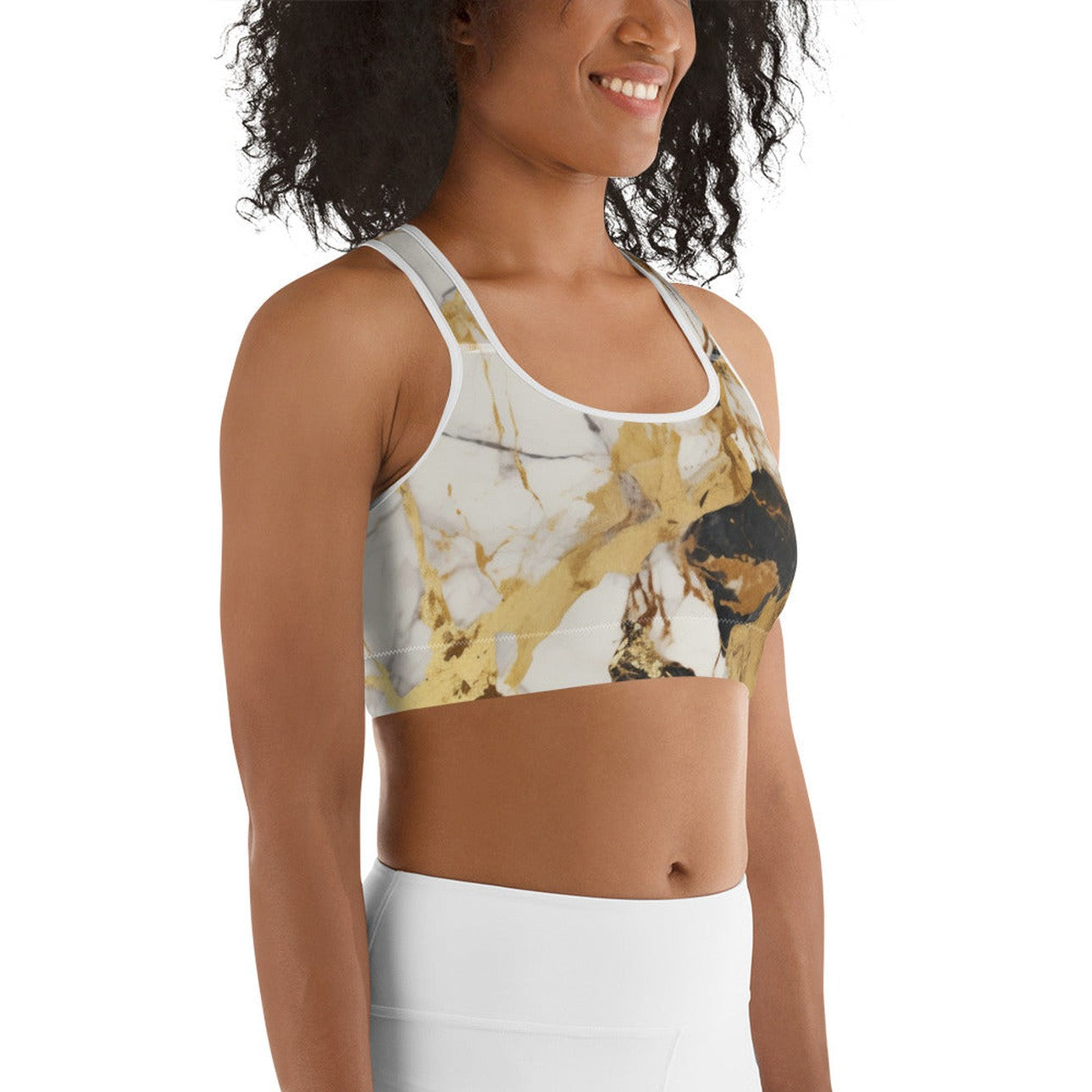 White & Gold Marble Sports Bra