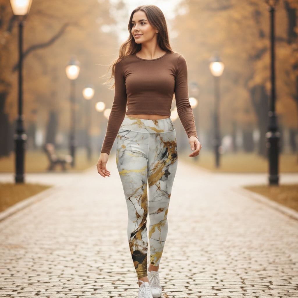 White & Gold Marble Yoga Leggings
