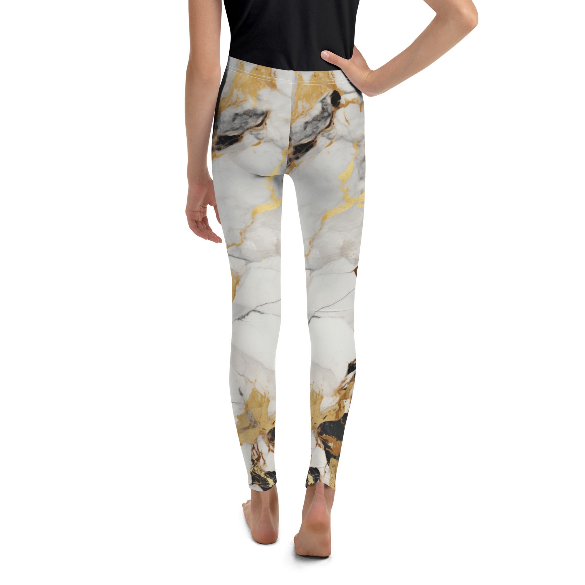 White & Gold Marble Youth Leggings