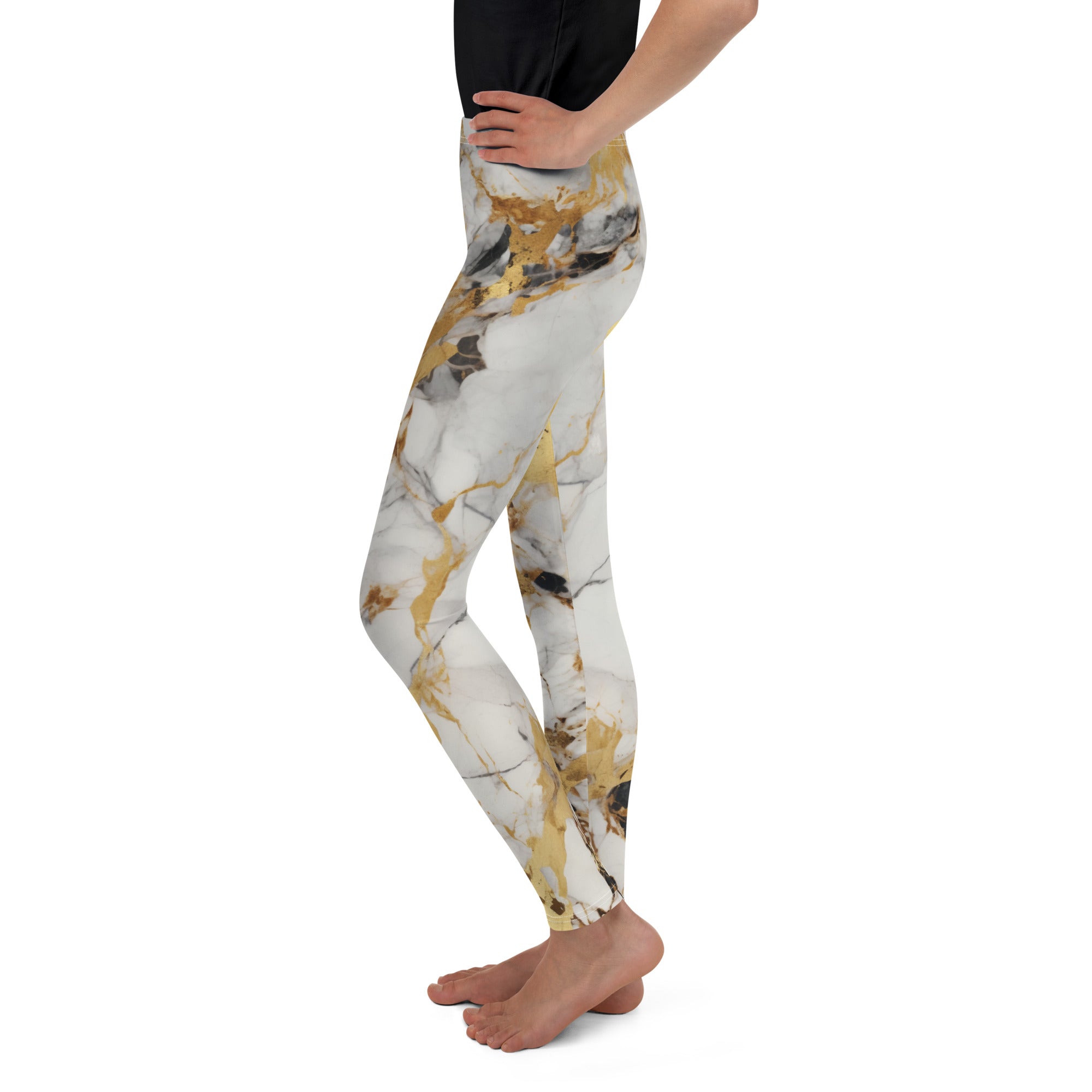 White & Gold Marble Youth Leggings