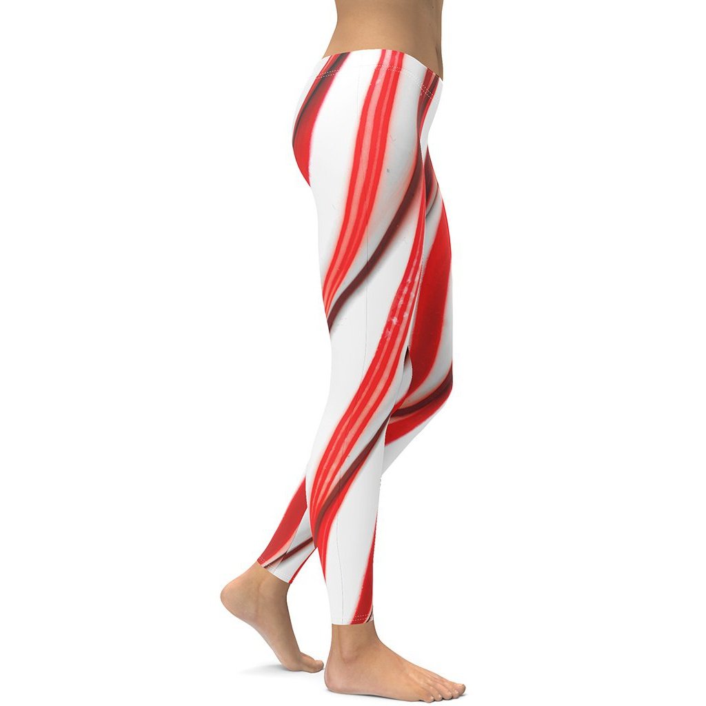 Candy Cane Plus Size Christmas Leggings, Holiday Printed Elf Santa Xmas Red  White Green Striped High Waisted Ri…
