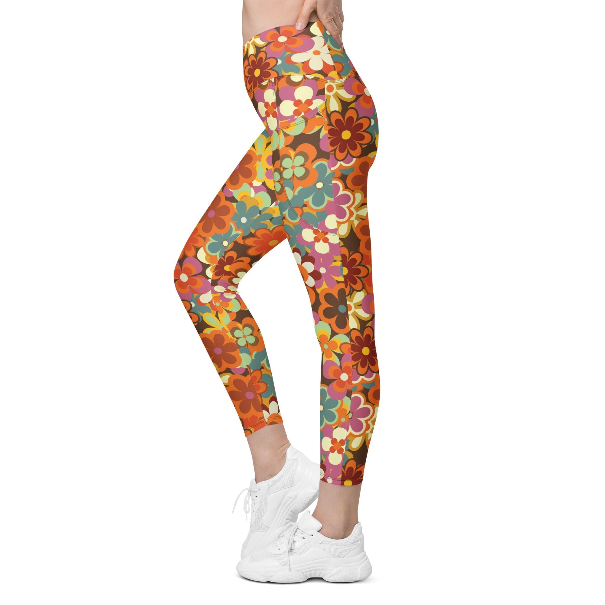 70s Flower Pattern Crossover Leggings With Pockets