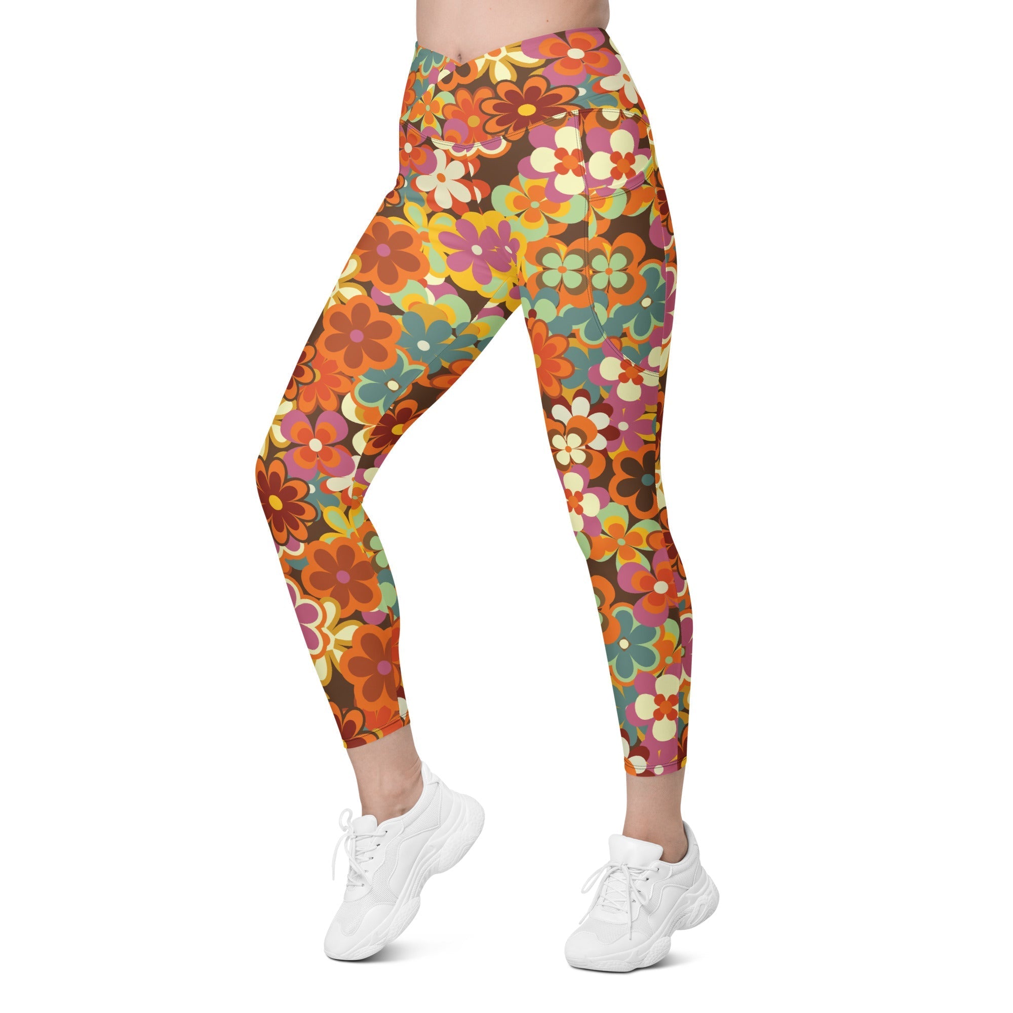 70s Flower Pattern Crossover Leggings With Pockets