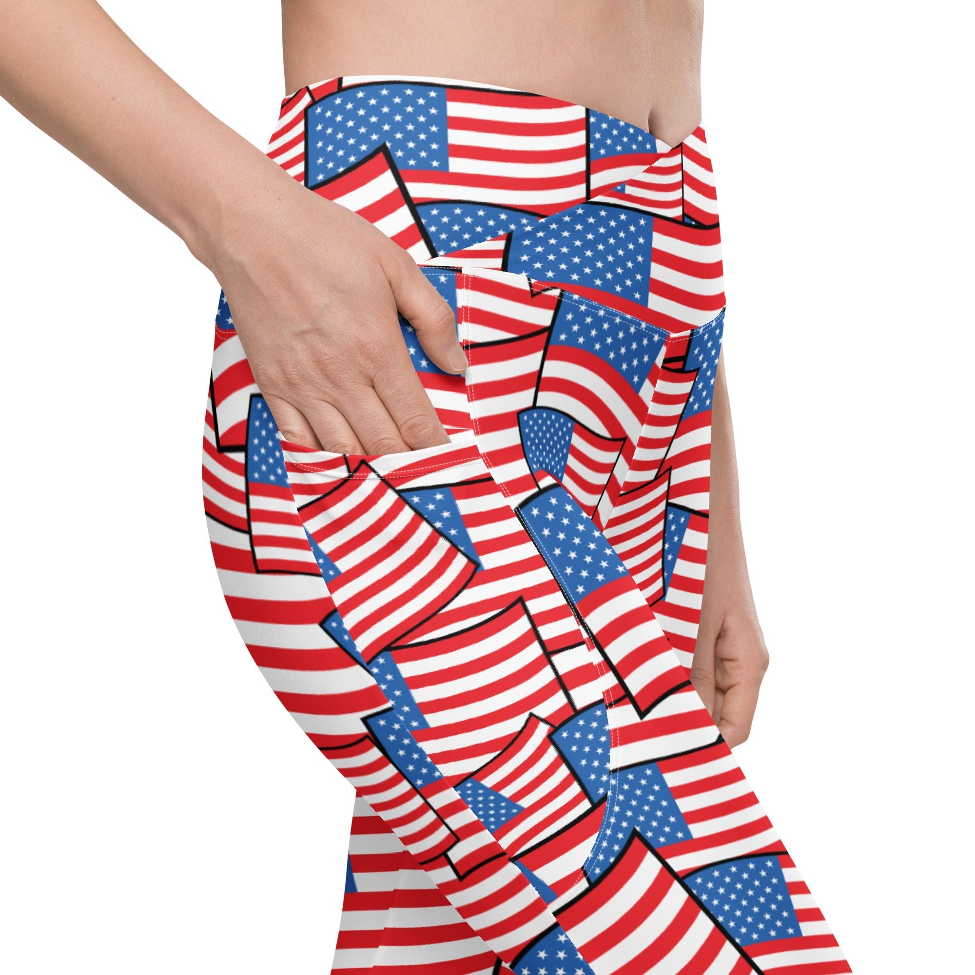American Flag Pattern Crossover Leggings With Pockets