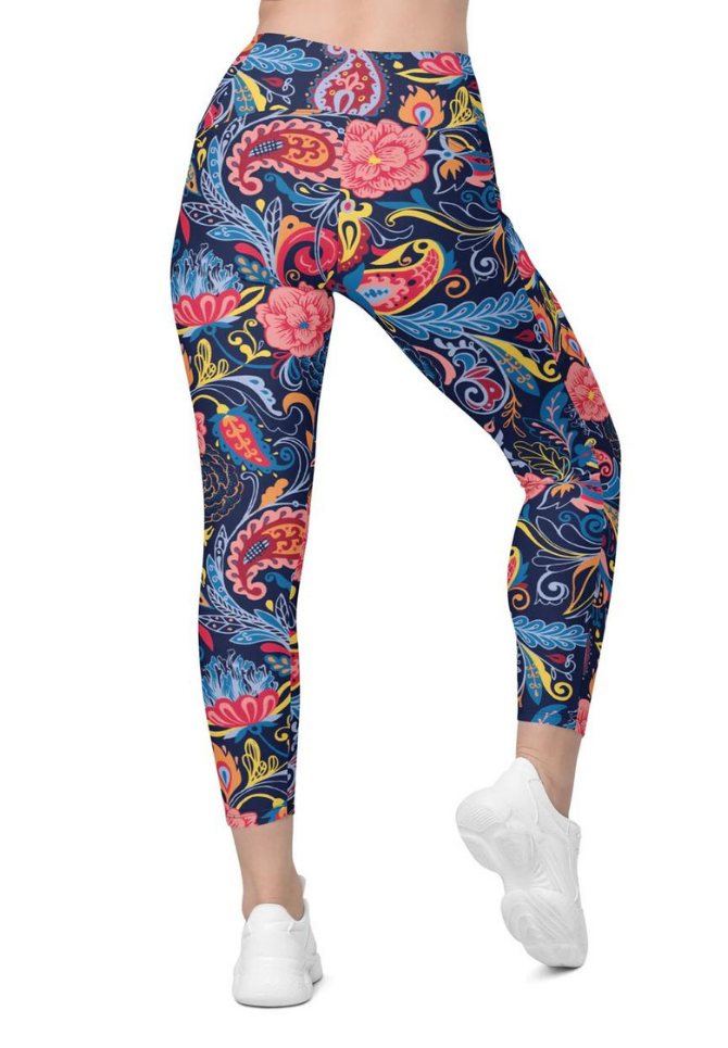 Art Deco Floral Crossover Leggings With Pockets